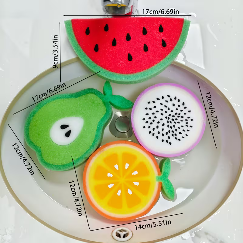 Juego de 4 Esponjas de Limpieza Gruesas con Diseño de Frutas – Paños de Fregado Multifuncionales para Ollas y Vajilla