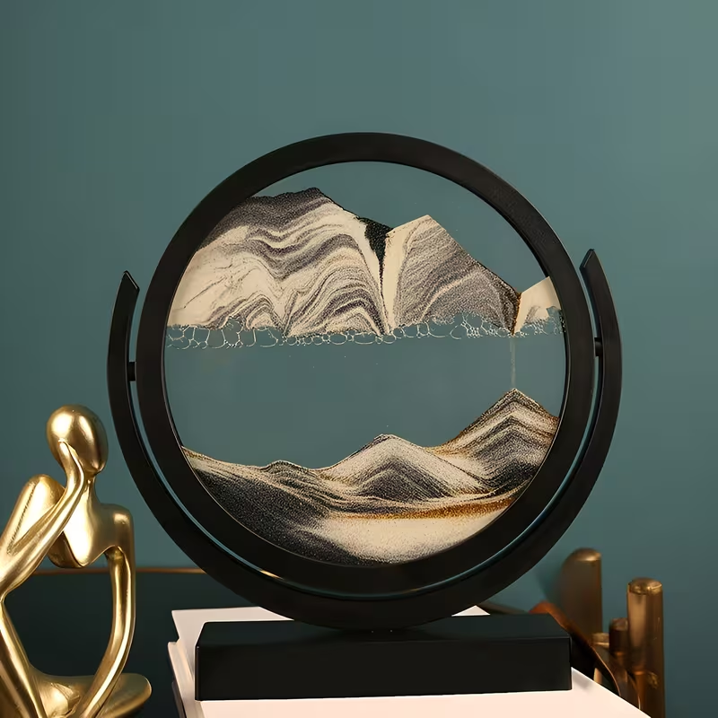 Reloj de Arena 3D de Vidrio con Paisaje en Movimiento – Adorno Decorativo para Oficina y Hogar
