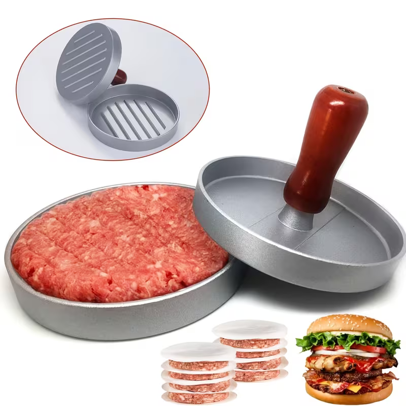 Prensa Manual para Hamburguesas Antiadherente con Mango de Madera – Herramienta de Cocina Creativa