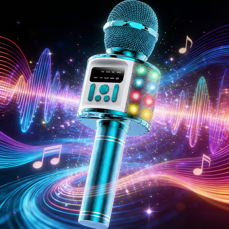 Micrófono de Karaoke Portátil con Altavoz, Luces LED y Cambiador de Voz