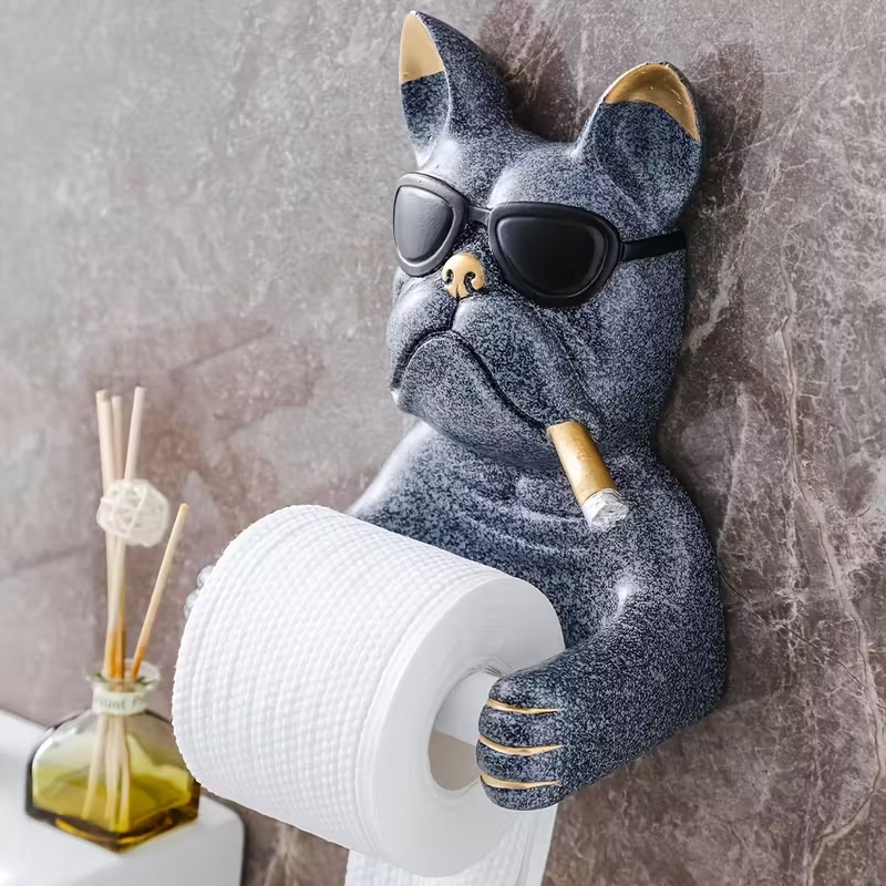 Porta Papel Higiénico Bulldog con Gafas – Soporte Creativo de Pared sin Taladro