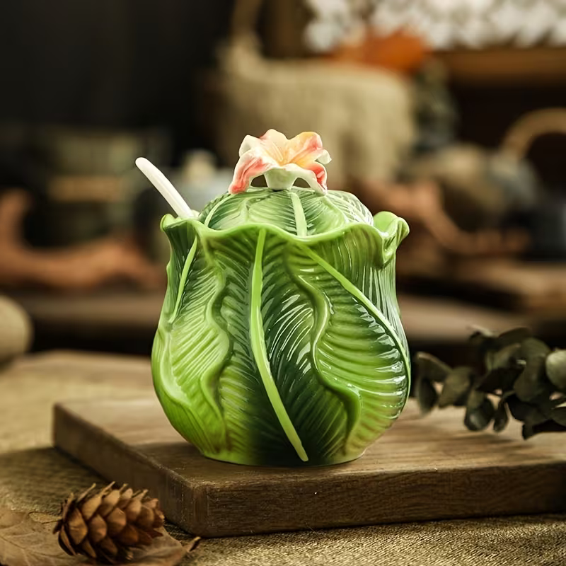 Tarro de Condimentos de Cerámica Verde con Tapa – Bote de Especias Creativo para Sal, Azúcar, Café y Cocina